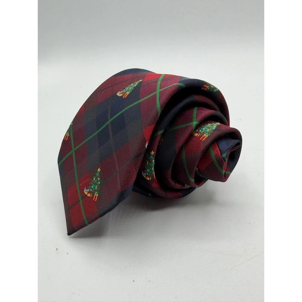 Chaps Mens Christmas Tree Plaid Necktie Navy Red Green Holiday Tie NEW